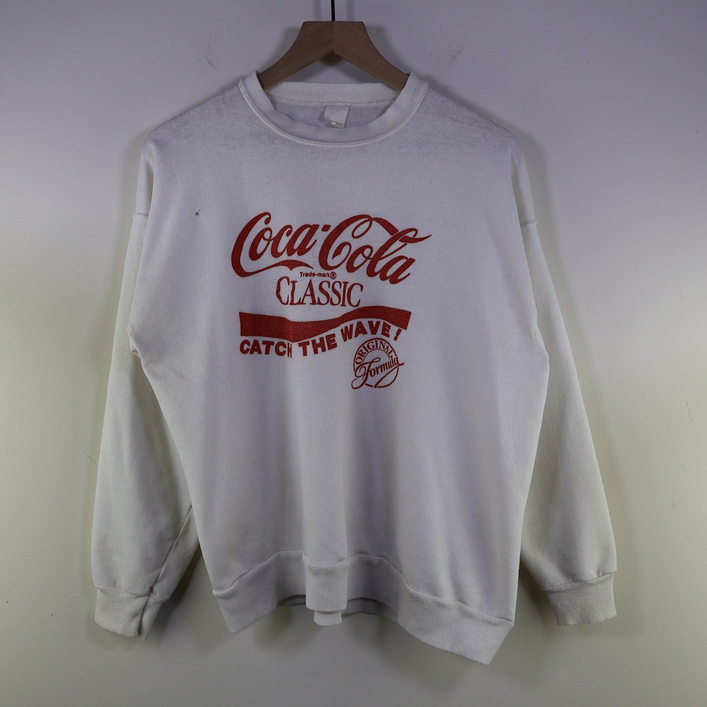 Vintage 80s Coca-Cola‎ Classic Catch the Wave Sweatshirt Large White Red Graphic